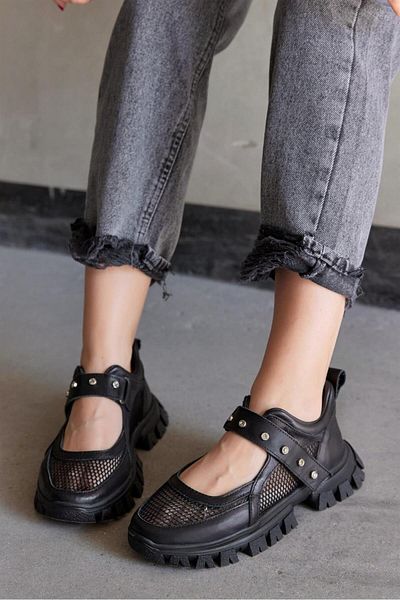 NILUFARR Melissa Black Leather Women's Sneakers with Stone Accessories