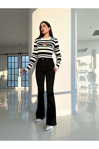 ByCukurovaFrango BY-8500 Τζιν Μαύρο Ψηλόμεσο καμπάνα Τζιν Παντελόνι