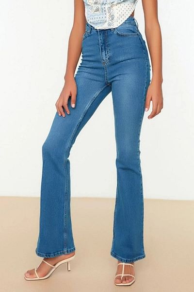 MAKRAS EXCLUSIVE Blugi largi de damă cu talie înaltă, albastră, spălat cu zăpadă Pantaloni elastici Palazzo din denim 2024