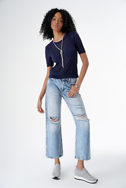 CHUBA Women's Crew Neck Openwork Short Sleeve Knitwear Sweater Navy Blue 24S167