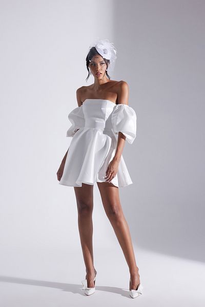 BETTY & SAM Tiana White Balloon Low Sleeve Flounced Mini after Party Dress