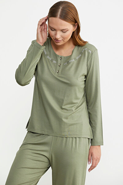 Sementa Green Crew Neck Buttoned Pajamas Set