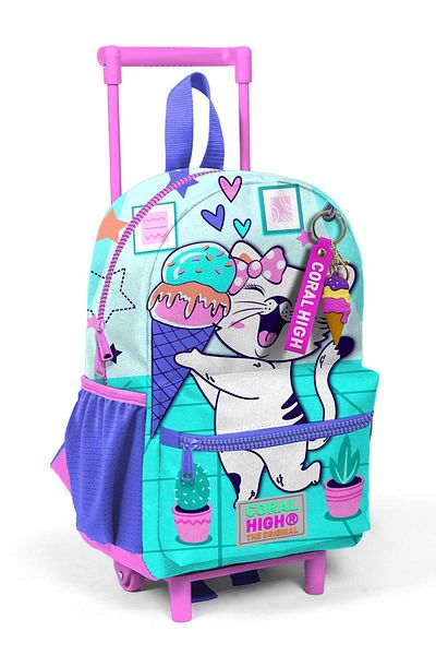 Coral High Turquoise Pink Cat Patterned Two Compartment Tiny Nest Backpack - 24051