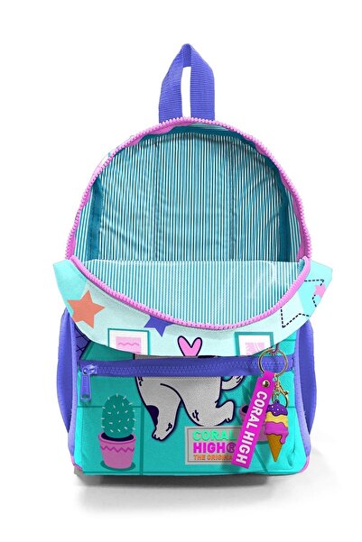 Coral High Turquoise Pink Cat Patterned Ice Cream Small Nest Backpack with Two Compartments - 23551