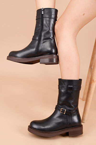 Getcho Veder Kadın Hakiki Deri Kalın Tabanlı Siyah Bot