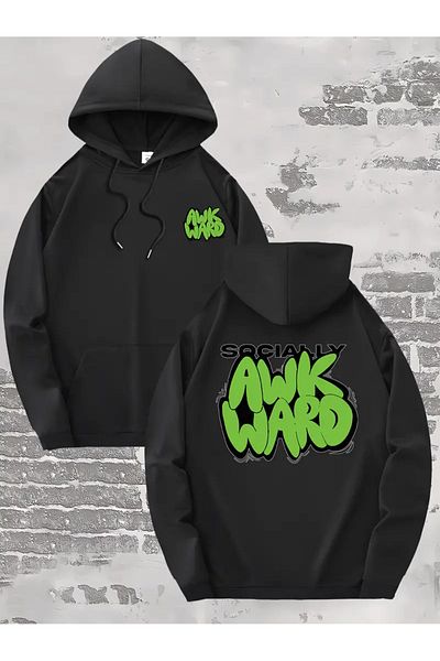 AEMİ Unisex Awk Ward Back Printed Hooded Oversize Hoodie Sweatshirt