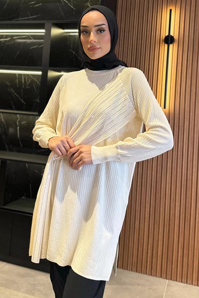 julude Λεπτομερής χιτζάμπ τουνίκ Cream Crew Neck Stone