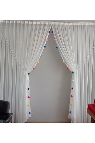 serART Baby and Children's Room with Pompom - Tulle Curtain, Double Breasted Cutting, Ceiling Tie Cord