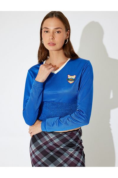Koton X Inji - V-Neck College Embroidered Ribbed Guiped Long Sleeve Slim Fit T-Shirt
