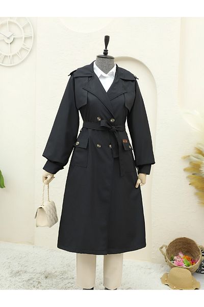 Modamorfo Black Bolero Trench Coat with Bag Pocket and Detail