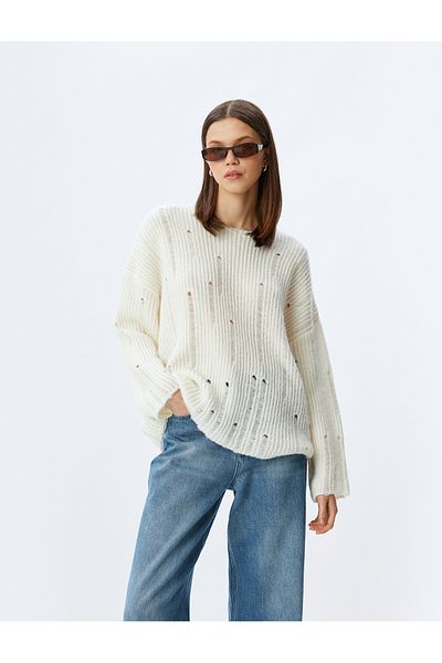 Koton Crew Neck Frayed Long Sleeve Comfortable Fit Knitwear Sweater