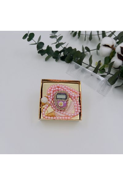 lenagiftworkshop 1 Piece Pink Gift Dowry Boxed Rosary and Stone Zikirmatik Set (Mevlit-Circumcision-Hajj-Umrah)