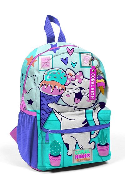 Coral High Turquoise Pink Cat Patterned Ice Cream Small Nest Backpack with Two Compartments - 23551