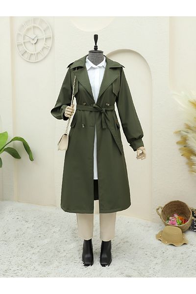 Modamorfo Bolero Detailed Trench Coat with Bag Pockets - Khaki