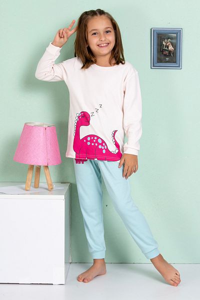 MADALİNA Girl's 100% Cotton Pink Dinosaur Printed Pajama Set