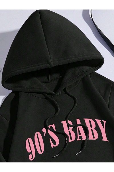 Pink Sky Φούτερ με στάμπα BABY 90's Unisex Μαύρη κουκούλα Oversize