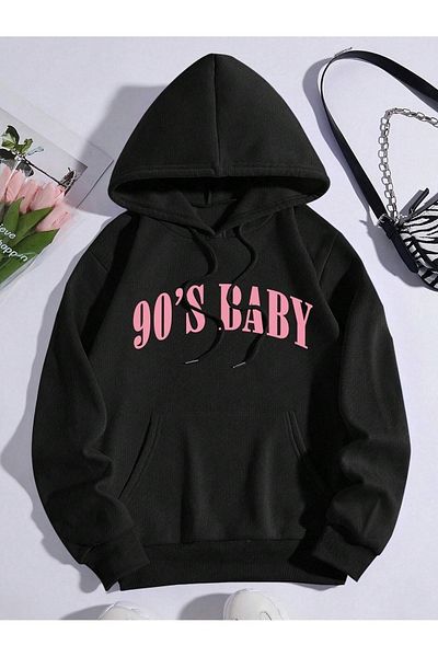 Pink Sky Φούτερ με στάμπα BABY 90's Unisex Μαύρη κουκούλα Oversize