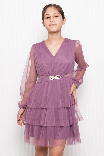 Modaviki Stone Accessory Detailed Tulle Children's Evening Dress Lilac Mdv358
