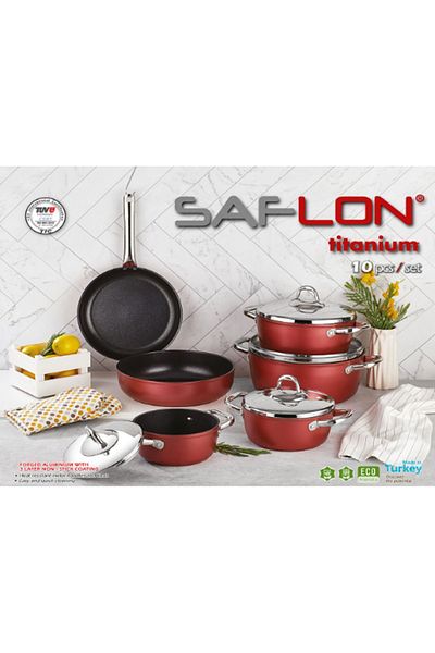 SAFLON طقم أواني طهي من التيتانيوم التركي مكون من 10 قطع باللون الأحمر