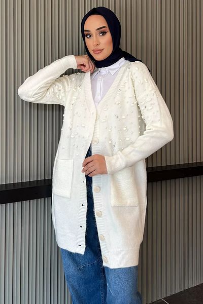 julude Cardigan de tricotaj Hijab cu perle crem