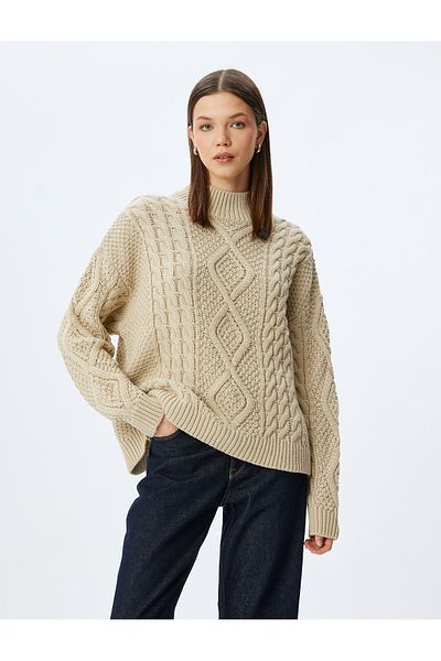 Koton Hair Knitted Textured Stand Collar Knitwear Sweater