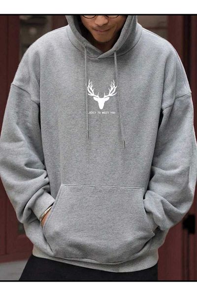 Pink Sky Meet You Printed Men's Hooded Kangaroo Pocket Unisex Oversize Sweatshirt