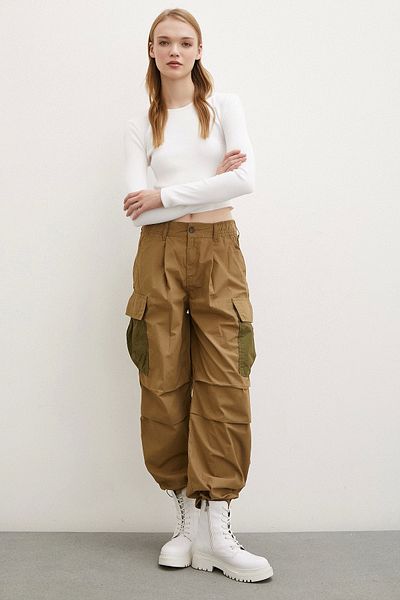 Never more Khaki Colored Parachute Fabric - Elastic Waist and Cargo Pocket Trousers