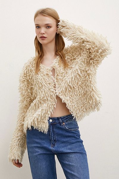 Never more Ecru V-Neck Fringed Cardigan