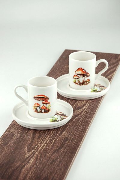 Bursa Porselen Dekor Mushrooms Two Person Porcelain Coffee Cup Set