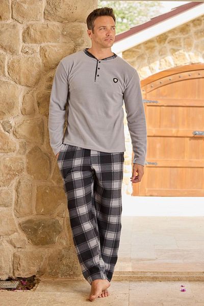 Pijamoni Men's Pajama Set - Long Sleeve, Prevailing Collar, Checkered Fleece