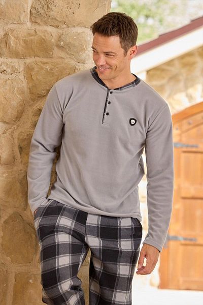 Pijamoni Men's Pajama Set - Long Sleeve, Prevailing Collar, Checkered Fleece