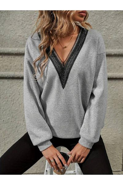 Trendusfashion Μακρυμάνικη V Δαντελένια λαιμόκοψη χωρίς ανυψωμένη μπλούζα με τρεις κλωστές