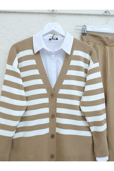 Modamorfo Striped Buttoned Knitwear Set -Tan
