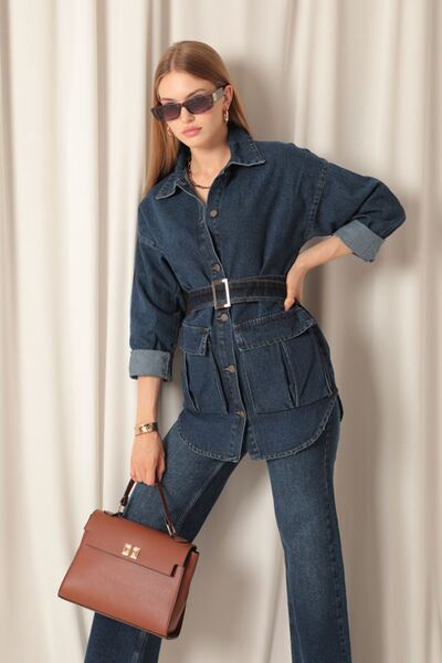 Lukas Denim Fabric Pocket Detail Women's Navy Blue Jeans Jacket