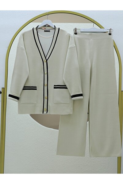 Modamorfo Fém gombos zsebes kötöttáru kardigán dupla szett - krém