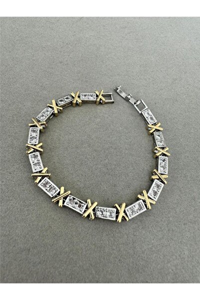 Pelin Aksesuar VIP Gold Silver Zirkon Baget Taşlı Çapraz Çelik Bileklik
