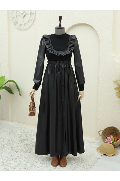 Modamorfo Lederkleid mit Rüschen vorne und Strickdetail – Schwarz