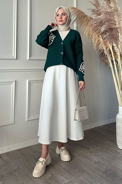InStyle Cardigan din tricotaje verde petrol cu flori brodate