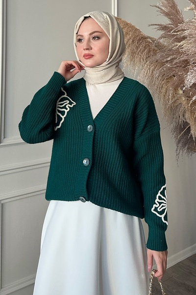 InStyle Floral Embroidered Petrol Green Knitwear Cardigan