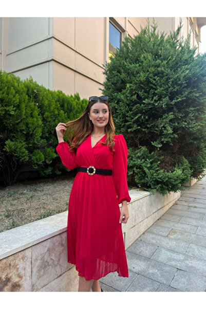 Viyamo Women's Chiffon Fabric Lined Flared Cut Double Breasted Collar Midi Length Dress