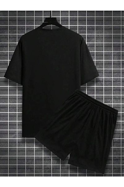 Mythologie Smiley Face T-shirt Shorts - Black T-Shirt with Shorts Top and Bottom Set Printed Oversize Crew Neck