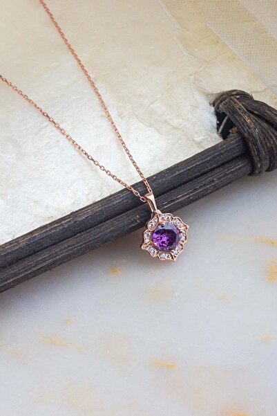 Else Silver 925 Ayar Gümüş Mor Taşlı Sultan Kolye