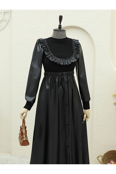 Modamorfo Lederkleid mit Rüschen vorne und Strickdetail – Schwarz