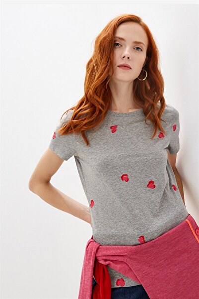 Escada Sport Kalp Desenli Gri Pamuk T-shirt