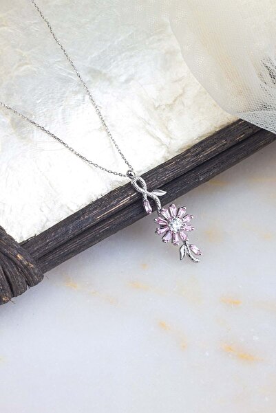 Else Silver 925 Ayar Gümüş Pembe Taşlı Dönen Çiçekli Kolye