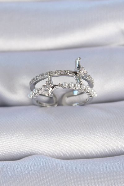 Skygo Brass Silver Color Zircon Stone Pearl Detail Pole Star Model Women's Ring - Tj-Byk3343