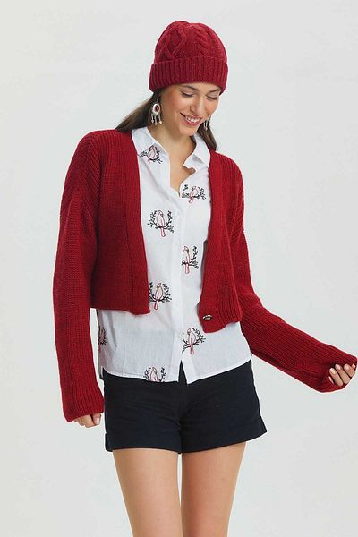 Clandestino Red Bohemian Crop Cardigan - Button Detail, Plain Knit