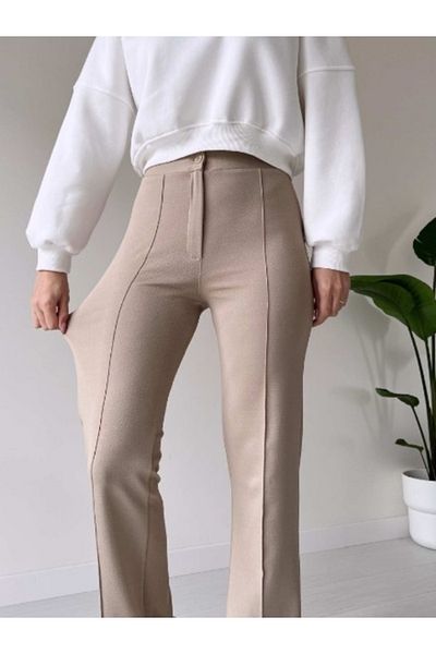 RuyaMood Women's Beige High Waist Ribbed Stitched Lycra Knitted Trousers