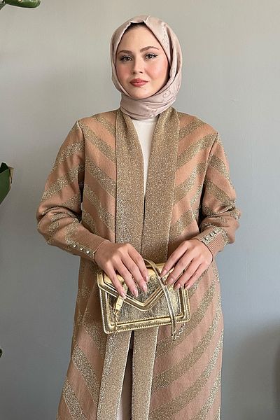 InStyle Glitter Detailed Camel Knitwear Jacket