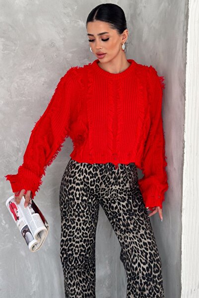 FEMELLE Pulover de damă roșu de mărime standard rupt cu ciucuri